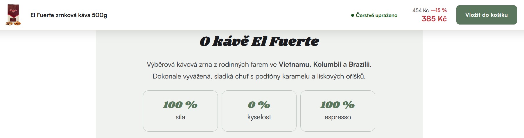Fixní nákupní lišta pro El Fuerte 500 g s aktuální cenou, slevou a tlačítkem Vložit do košíku