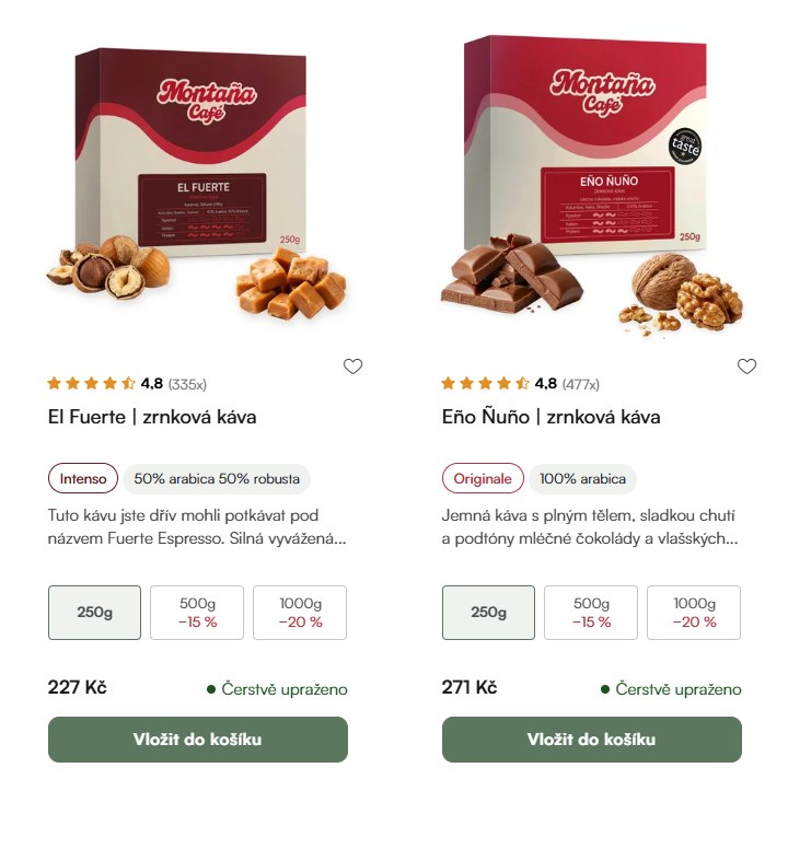 Kategorie kávy Café Montana s výběrem variant přímo u produktů